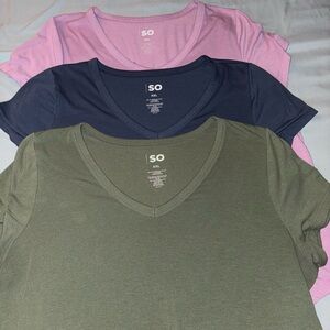 SO V-Neck T-Shirts in Purple, Blue, and Green